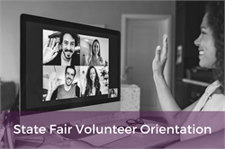 [ai] A person smiling and waving during a virtual meeting on a computer screen, displayed in black and white. Five participants are shown in video frames, with the text "State Fair Volunteer Orientation" at the bottom.